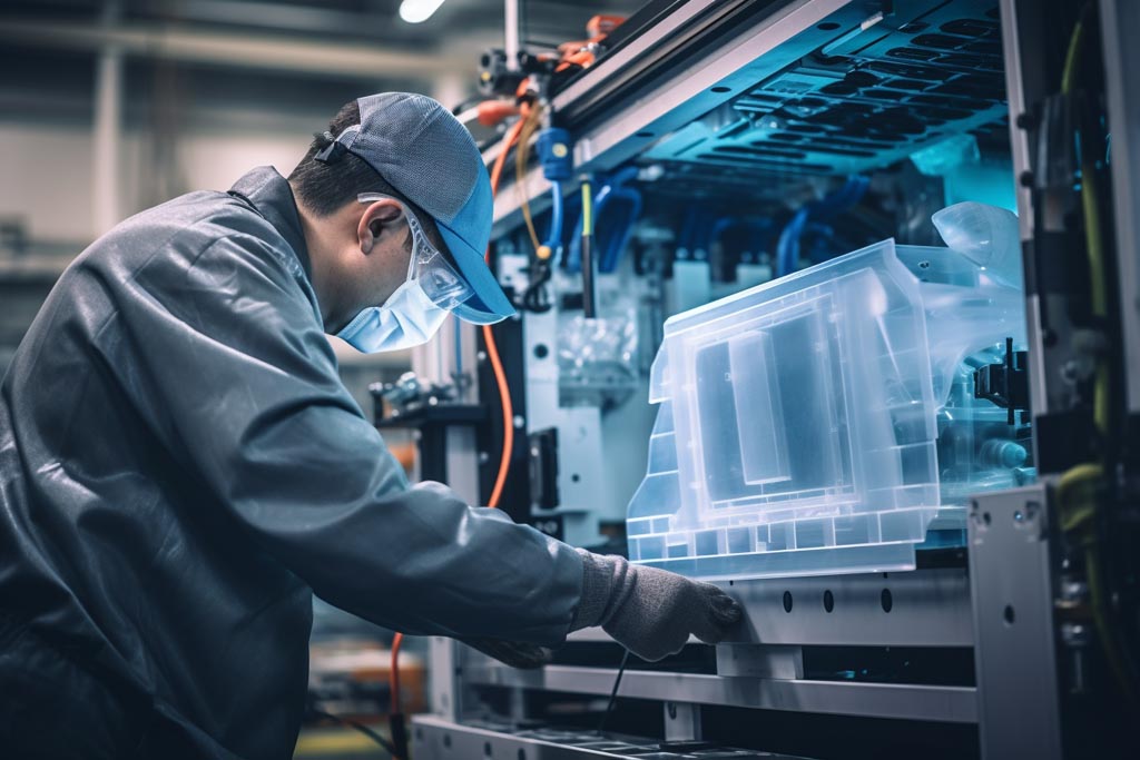 Un Ingegnere Con Occhiali Di Sicurezza E Guanti Che Opera Una Macchina Per La Termoformatura In Una Fabbrica Di Componenti Hvac.