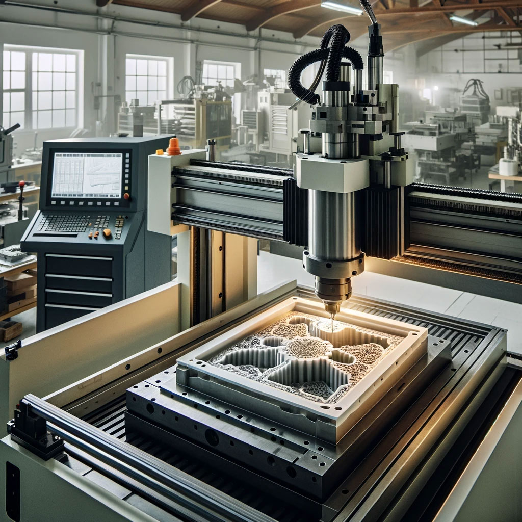 Macchina Cnc Ad Alta Precisione In Funzione, Che Scolpisce Uno Stampo Dettagliato Per Termoformatura In Un Laboratorio Pulito E Ben Illuminato.