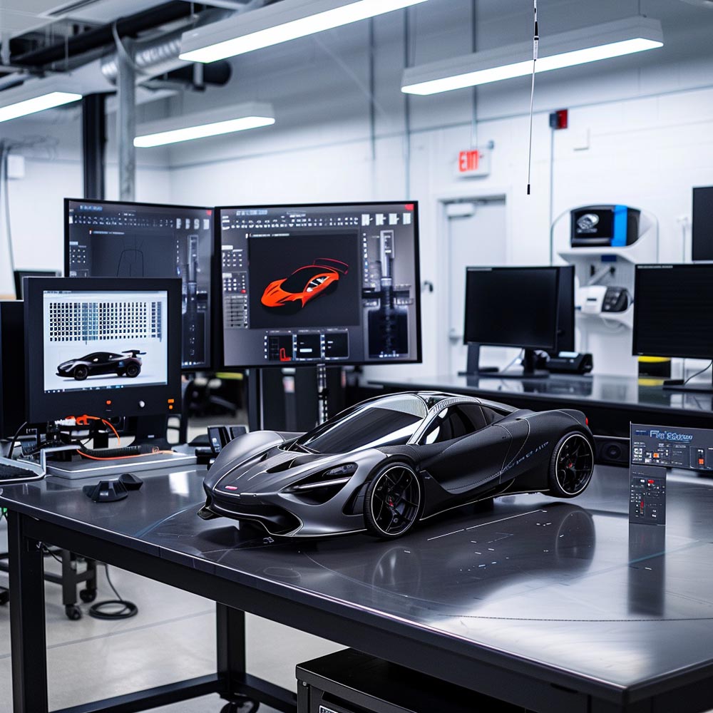 Laboratorio Avanzato Di Prototipazione Automobilistica Con Ingegneri E Designer Che Lavorano Su Parti Prototipo Utilizzando Stampanti 3D, Fresatrici Cnc E Macchine Di Sinterizzazione Laser. Il Laboratorio È Dotato Di Macchinari Moderni E Computer Che Mostrano Modelli 3D, Con Prototipi Esposti Su Tavoli.