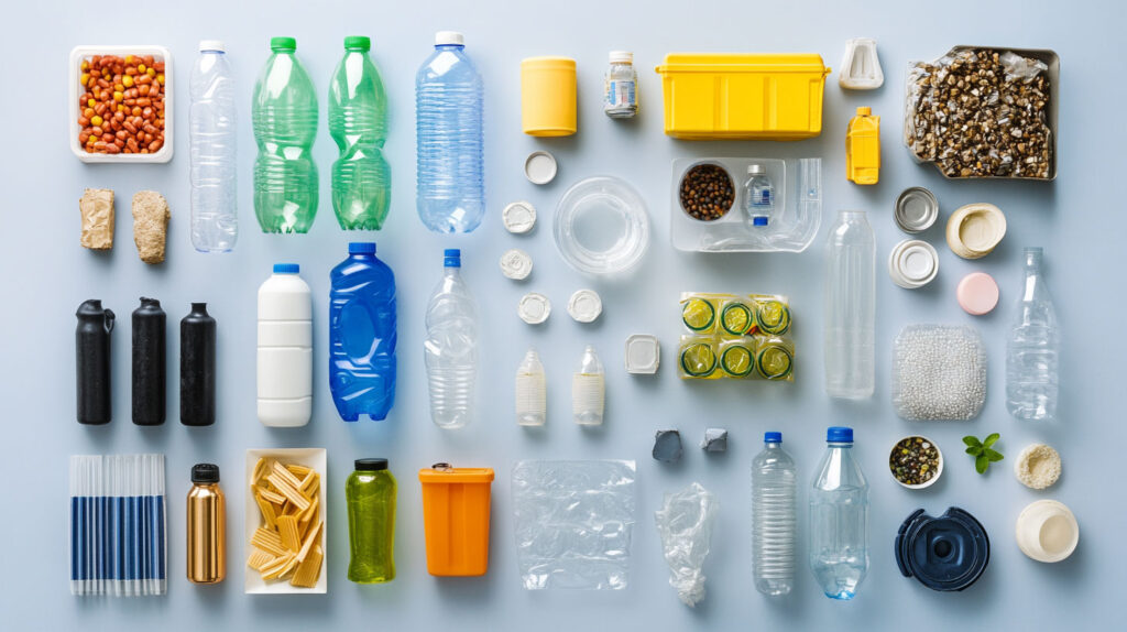 Fotografia Ad Alta Risoluzione Di Vari Prodotti In Plastica Disposti Ordinatamente, Tra Cui Bottiglie In Pet, Contenitori In Hdpe, Scatole Per Alimenti In Pp E Tubi In Pvc, Tutti Etichettati Di Conseguenza.